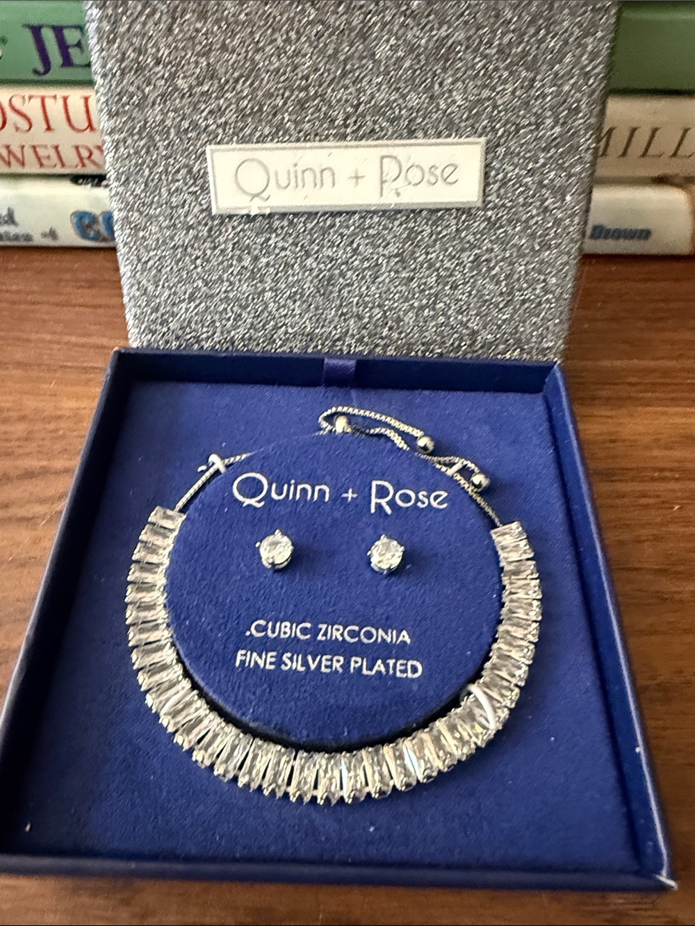 NWT Quinn+Rose Jewlery Set Cubic Zirconia Slider Bracelet & Stud Earrings.